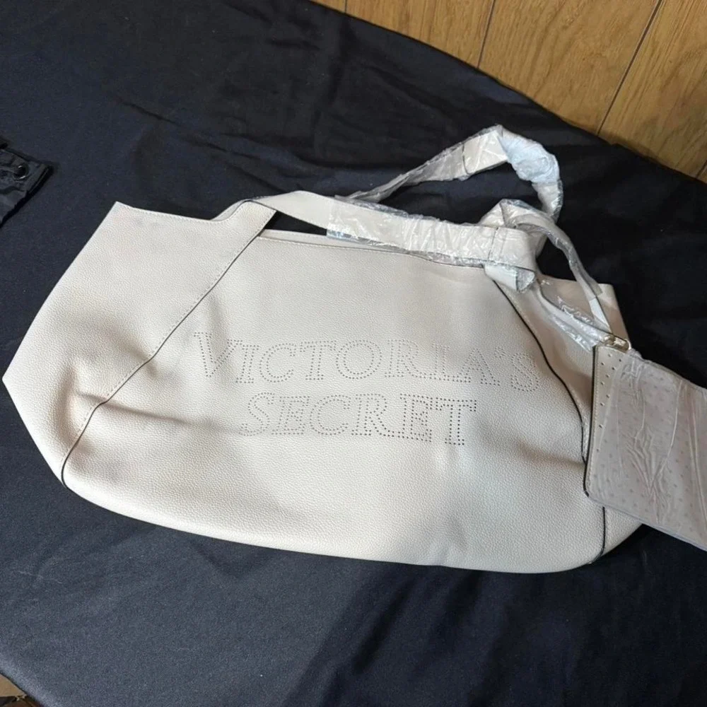 White Victoria's Secret faux leather tote bag with silver accents NWT